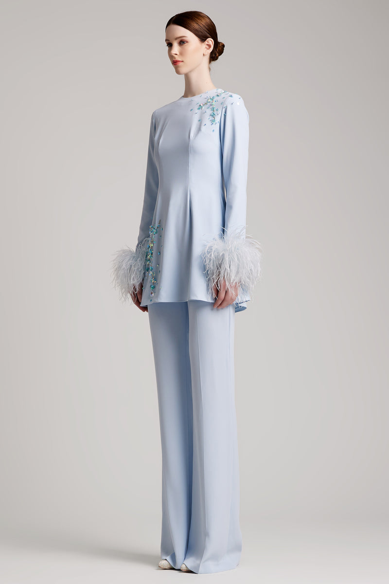 Orstich Feathers Sequin Bell Sleeve Dress  in Baby Blue