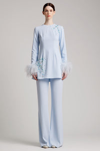 Orstich Feathers Sequin Bell Sleeve Dress  in Baby Blue