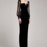 Silk Velvet Top with Puffed Silk Chiffon Sleeves in Black