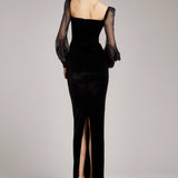 Silk Velvet Top with Puffed Silk Chiffon Sleeves in Black