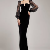 Silk Velvet Top with Puffed Silk Chiffon Sleeves in Black