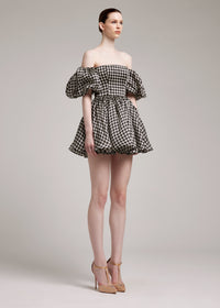 Houndstooth Print Puffed Sleeves Silk Gazar Mini Dress