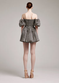 Houndstooth Print Puffed Sleeves Silk Gazar Mini Dress