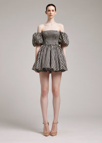 Houndstooth Print Puffed Sleeves Silk Gazar Mini Dress