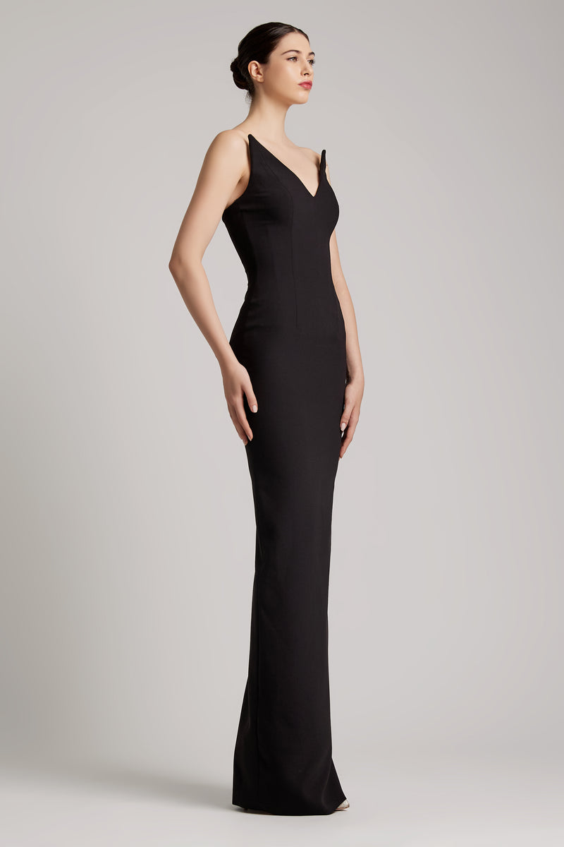 Black straight-cut floor length adorned with Pointy Bustier