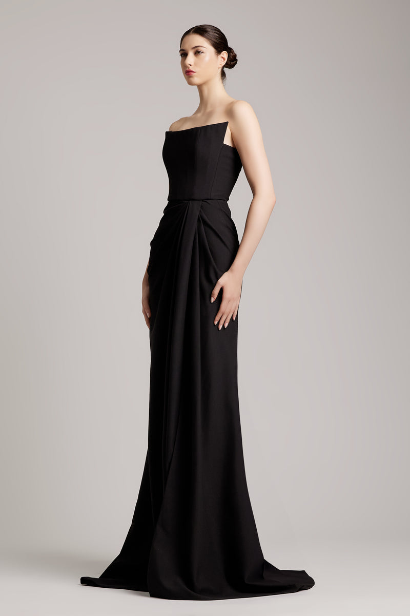 Strapless Pleated Floor Length Side Slit Dress in Dress