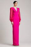 Full Length V-neckline Gown with Puffed Silk Chiffon Sleeves in Fuchsia