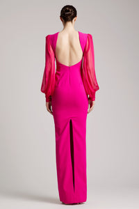 Full Length V-neckline Gown with Puffed Silk Chiffon Sleeves in Fuchsia