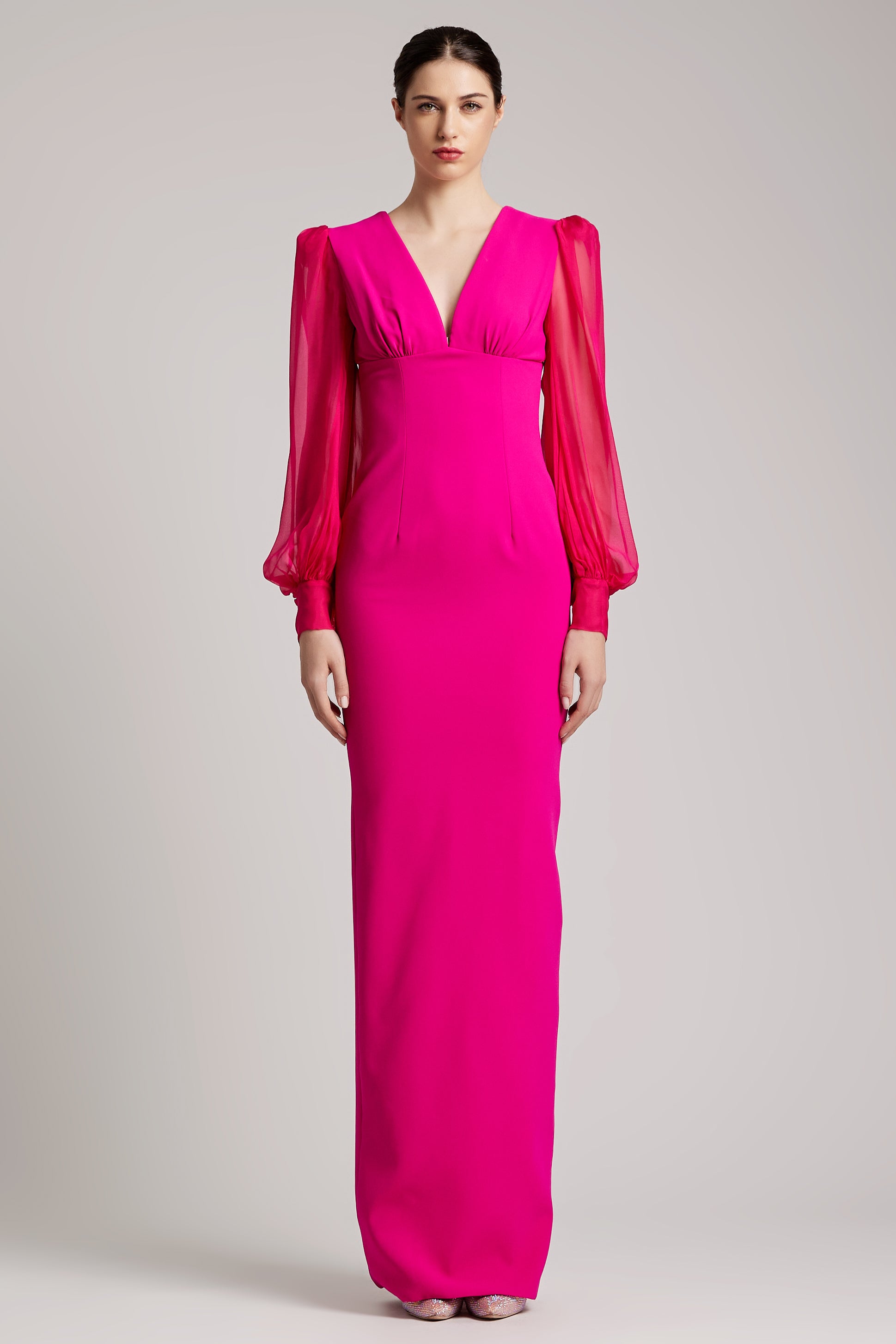 Full Length V-neckline Gown with Puffed Silk Chiffon Sleeves in White