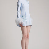 Feather Cuff Embellished Mini Dress in Baby Blue