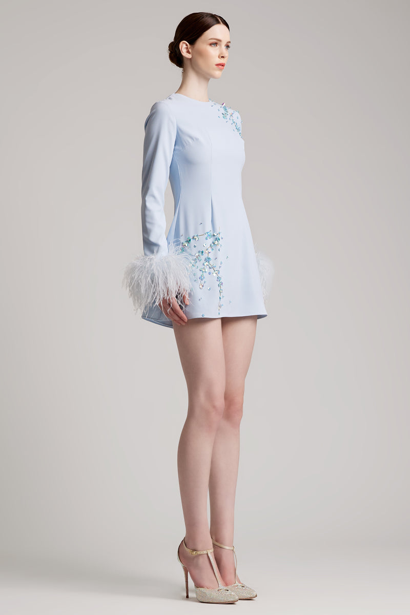 Orstich Feathers Sequin Bell Sleeve Dress  in Baby Blue