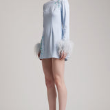 Feather Cuff Embellished Mini Dress in Baby Blue
