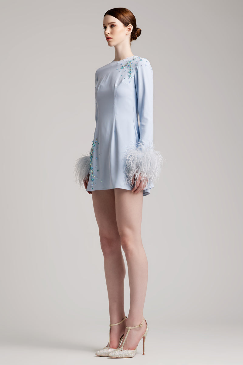 Orstich Feathers Sequin Bell Sleeve Dress  in Baby Blue