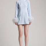 Feather Cuff Embellished Mini Dress in Baby Blue