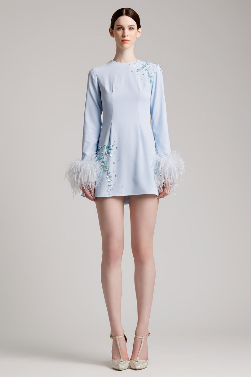 Orstich Feathers Sequin Bell Sleeve Dress  in Baby Blue