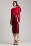 Sequin-Embroidered Midi Skirt with back slit in Red