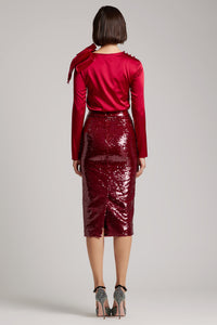 Sequin-Embroidered Midi Skirt with back slit in Red