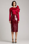 Sequin-Embroidered Midi Skirt with back slit in Red