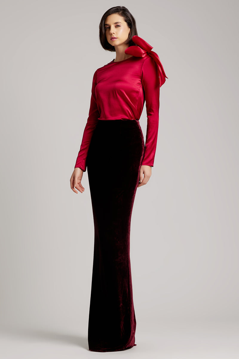 Silk Velvet High Waisted Maxi Skirt in Maroon