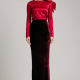 Silk Velvet High Waisted Maxi Skirt in Maroon