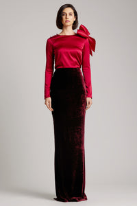 Silk Velvet High Waisted Maxi Skirt in Maroon