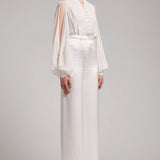Ruffle Trimmed Batwing Blouse in White