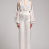 Ruffle Trimmed Batwing Blouse in White