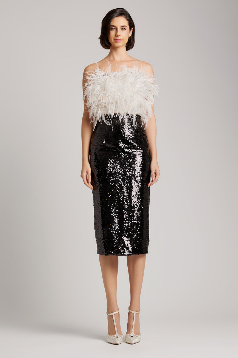 Sequin-Embroidered Midi Skirt With Back Slit in Black