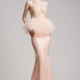Bustier Peplum Tulle Top in Blush Pink