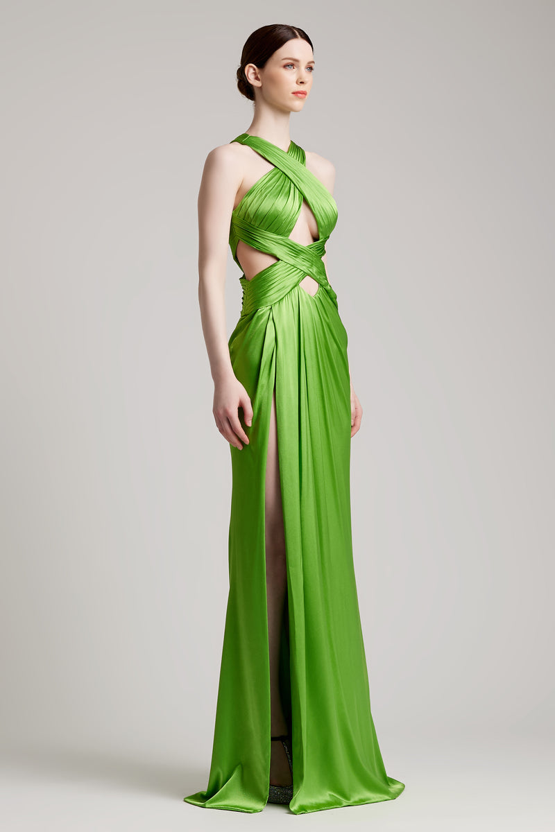 Double Ribbon Criss-Crossed Halterneck Silk Satin Dress in Green