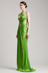 Double Ribbon Criss-Crossed Halterneck Silk Satin Dress in Green