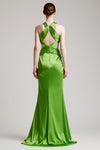 Double Ribbon Criss-Crossed Halterneck Silk Satin Dress in Green