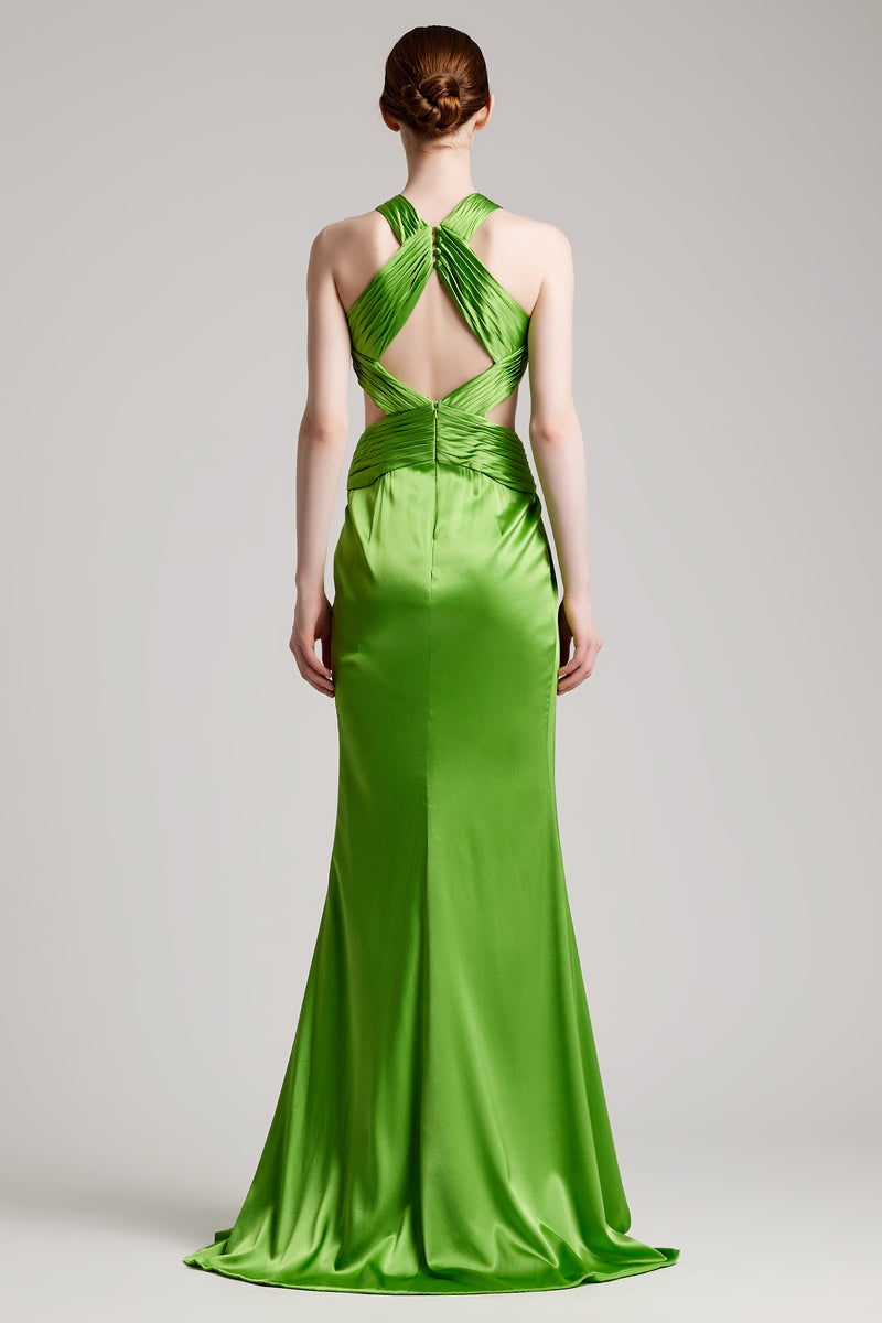 Double Ribbon Criss-Crossed Halterneck Silk Satin Dress in Green