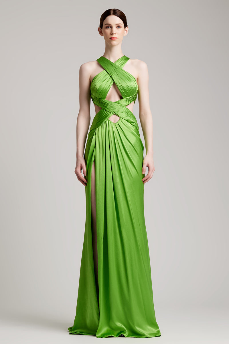 Double Ribbon Criss-Crossed Halterneck Silk Satin Dress in Green