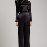 Silk Satin Elastic Waistband Trousers in Black