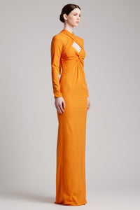 Ribbon Crossed Halterneck Long Sleeve Dress in Orange