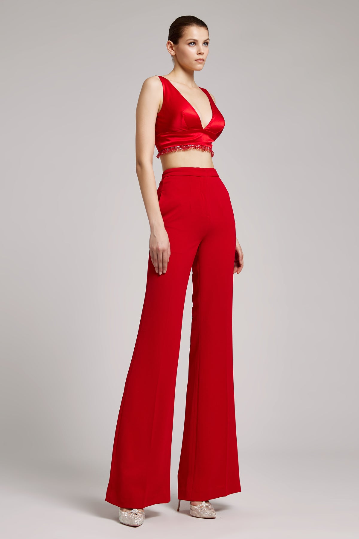 High Waisted Flare Leg Trousers in Red