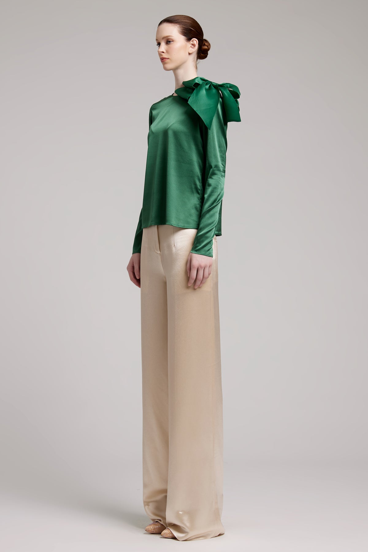 Silk Satin Button and Bow Embellished Blouse with Long Sleeves In Green