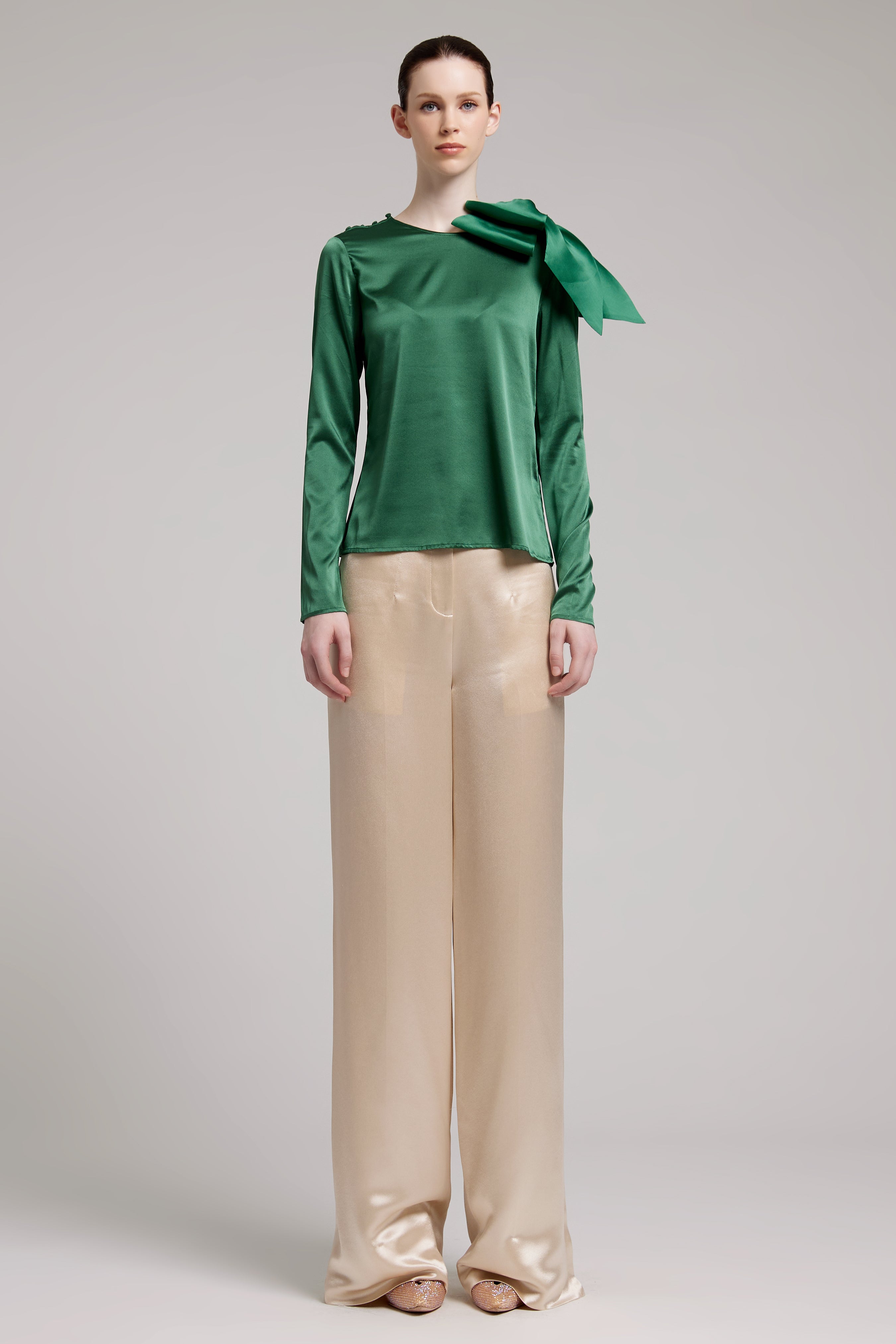 Silk Satin Button and Bow Embellished Blouse with Long Sleeves In Green