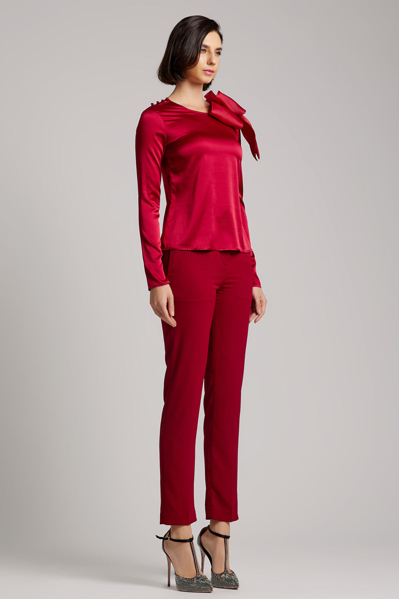 Silk Satin Button and Bow Embellished Blouse with Long Sleeves in Maroon