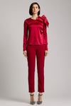 Silk Satin Button and Bow Embellished Blouse with Long Sleeves in Maroon