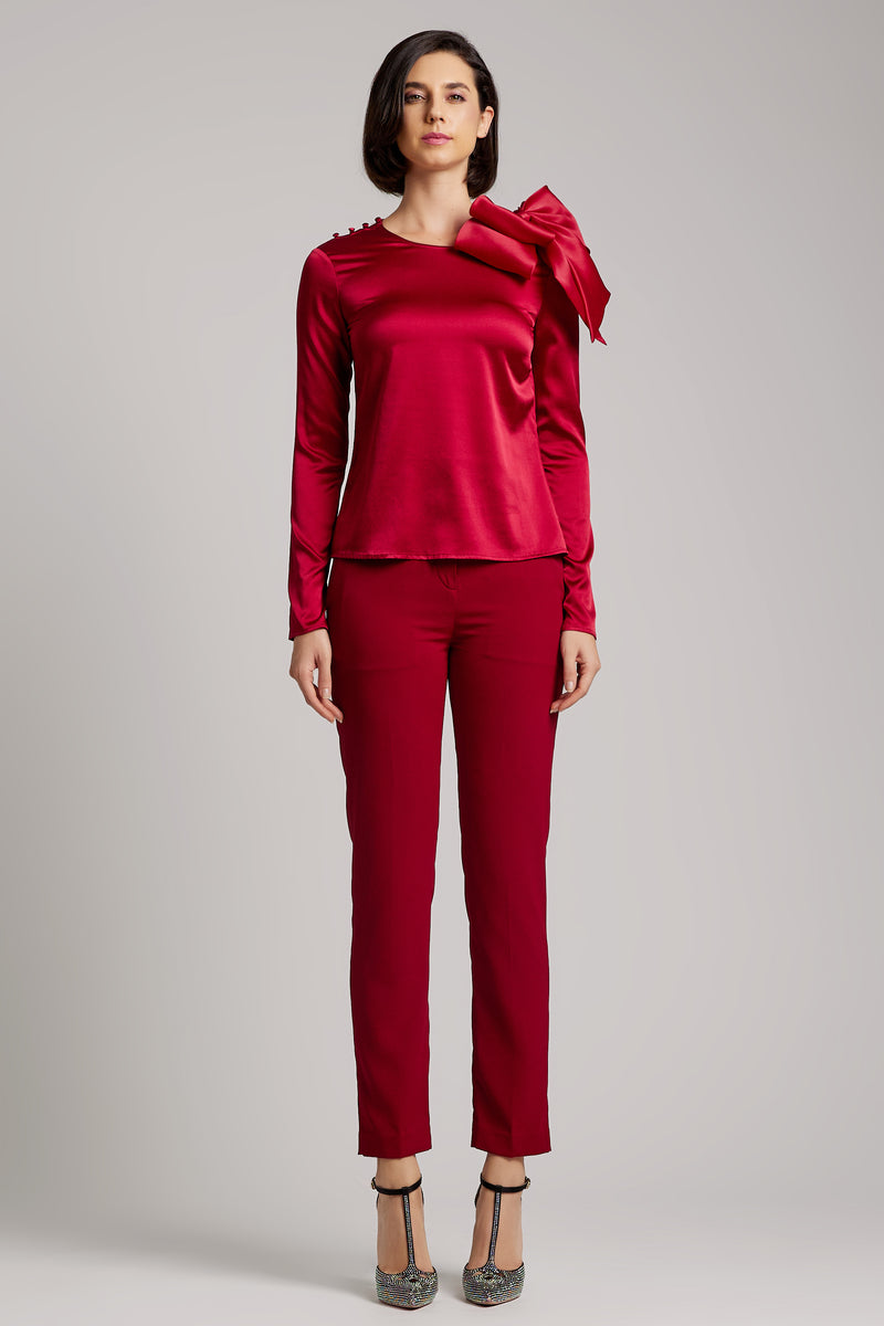 Silk Satin Button and Bow Embellished Blouse with Long Sleeves in Maroon