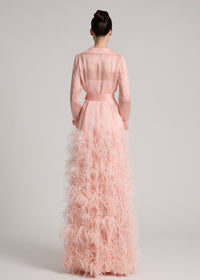 Ostrich Feathers Embellished Silk Gazar Maxi Trench Dress in Pink