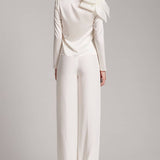 Silk Satin Button and Bow Embellished Blouse with Long Sleeves In White