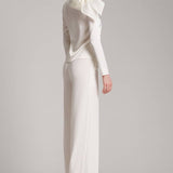 Silk Satin Button and Bow Embellished Blouse with Long Sleeves In White
