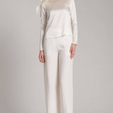 Silk Satin Button and Bow Embellished Blouse with Long Sleeves In White