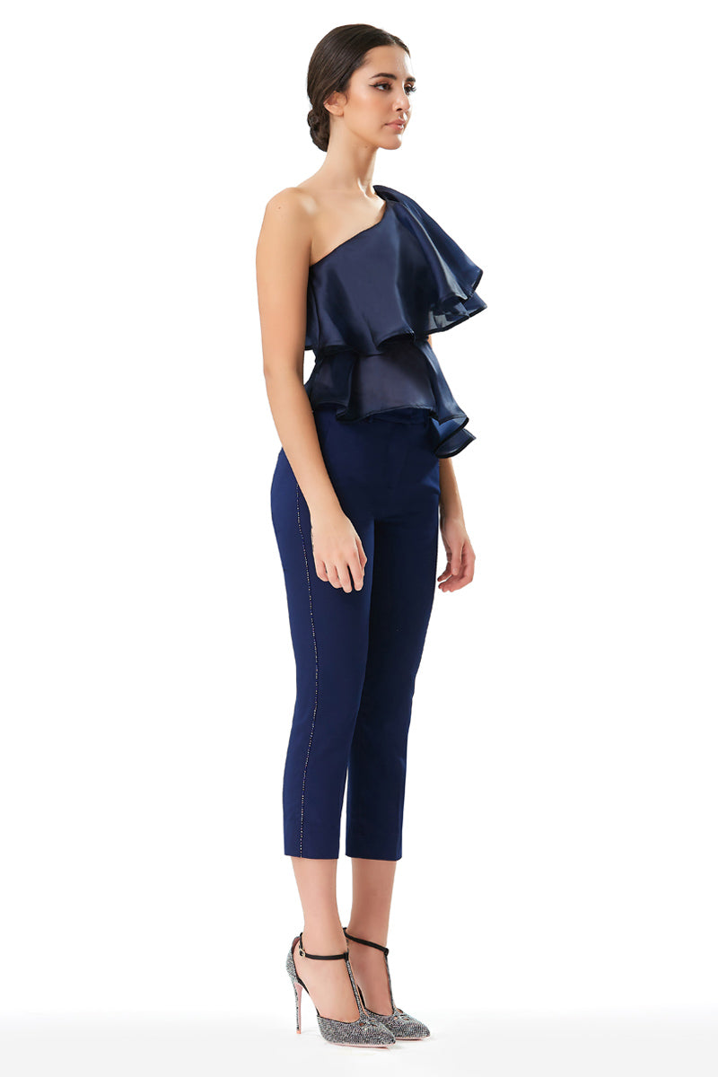 Asymmetrical Off Shoulder Ruffle Top in Blue