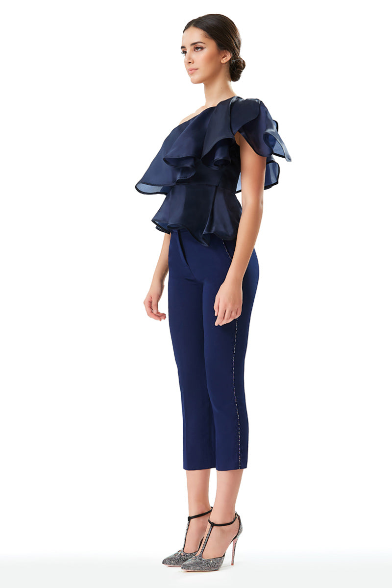 Asymmetrical Off Shoulder Ruffle Top in Blue