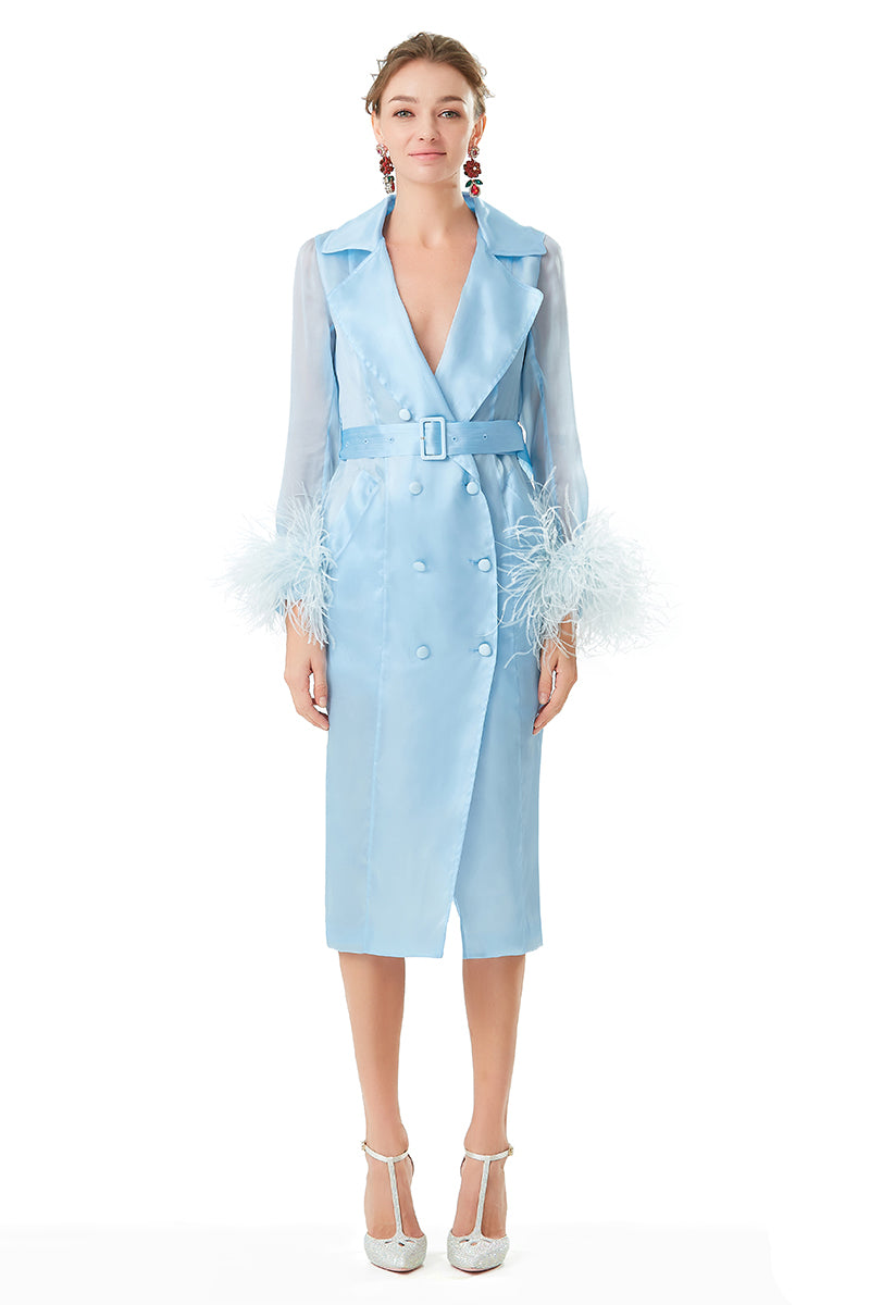 Ostrich Feathers Embellished Sleeves Silk Gazar Trench Coat in Blue