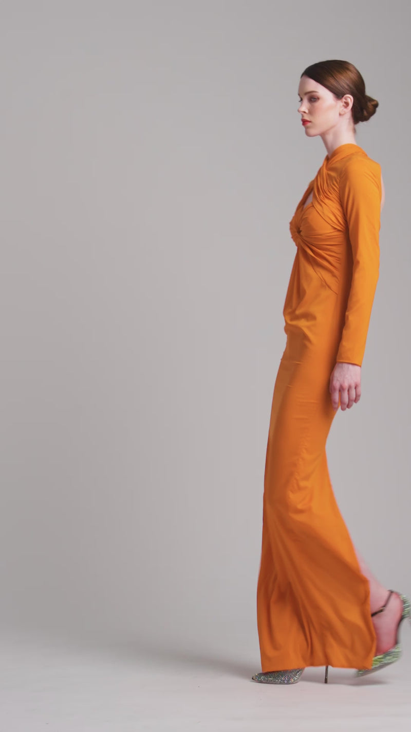 Ribbon Crossed Halterneck Long Sleeve Dress in Orange